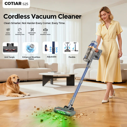 Odkurzacz bezprzewodowy COTIAR S25 650 W, 60 kPa, duża siła ssania, 70 minut pracy, przenośne urządzenie gospodarstwa domowego, wymienny akumulator