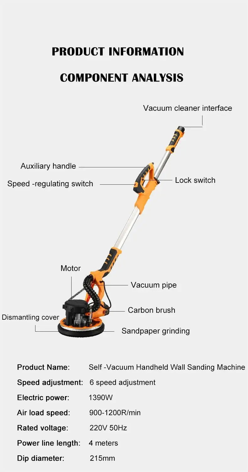 Elektryczna szlifierka do płyt gipsowo-kartonowych 1390 W, szlifierka do ścian 215 mm, bezpyłowa, samoodkurzająca, polerująca papierem ściernym z długim prętem LED
