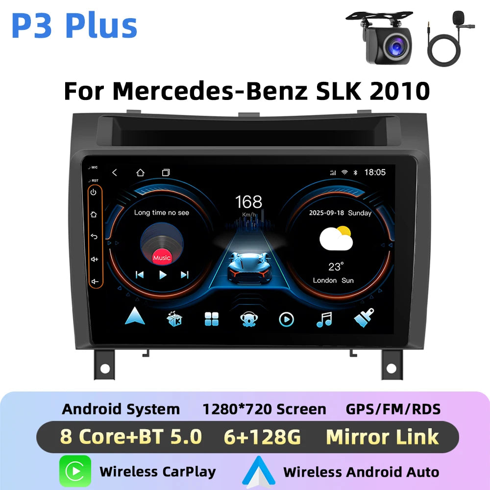 Podofo Bezprzewodowe radio samochodowe CarPlay z AI do Mercedesa-Benz SLK 2010 z Androidem, GPS WIFI, odtwarzacz multimedialny DSP, FM/RDS, korektor, radio 2din