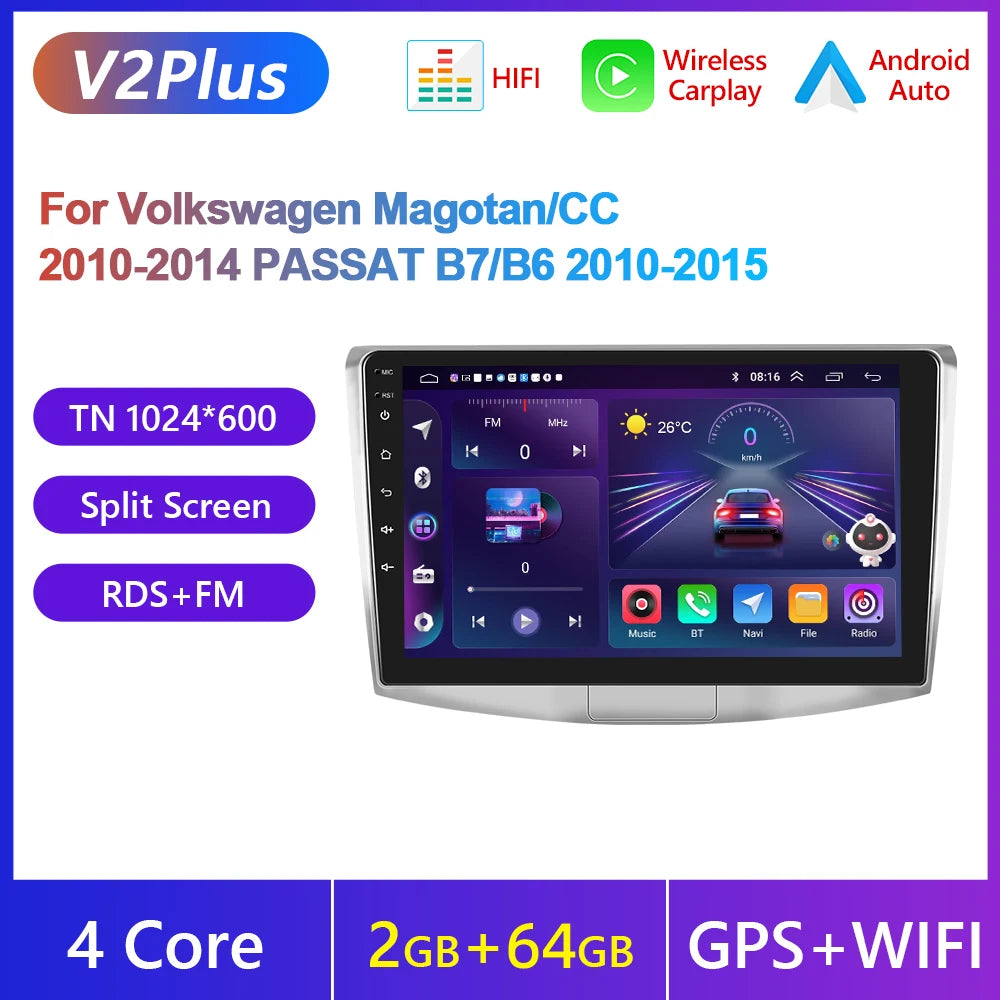 Podofo Wireless Carplay Android Car Radio For Volkswagen VW Passat B6 B7 CC 2007-2015 WIFI GPS Car Multimedia Player Mirrorlink