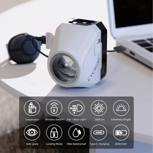 CYCLAMI Wisząca lampa przednia do roweru GoPro Ultra Bright Wireless Remote Lampa przednia MTB Road High Brightness White CYC 1600 lumenów