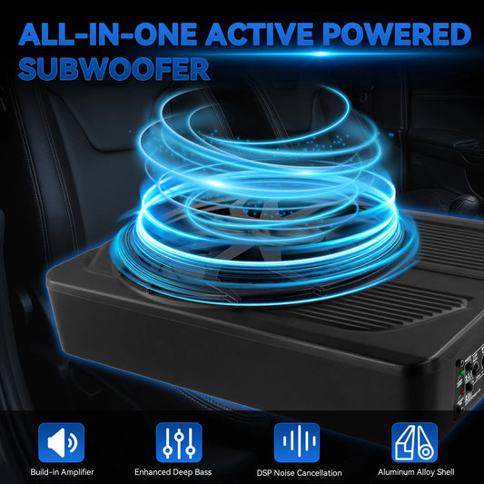 Podofo 10-calowy samochodowy system audio z subwooferem pod siedzeniem, wzmacniany subwoofer, zestaw wzmacniacza do samochodu ciężarowego i subwoofera