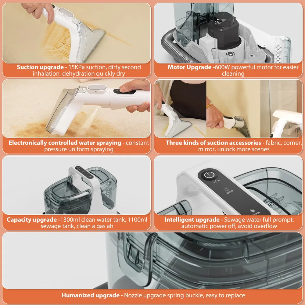 3 w 1 ręczny odkurzacz do dywanów 600 W 15 kPa przenośny środek do czyszczenia plam na kanapę samochodową, spryskiwacz do sierści zwierząt, urządzenie do czyszczenia tapicerki