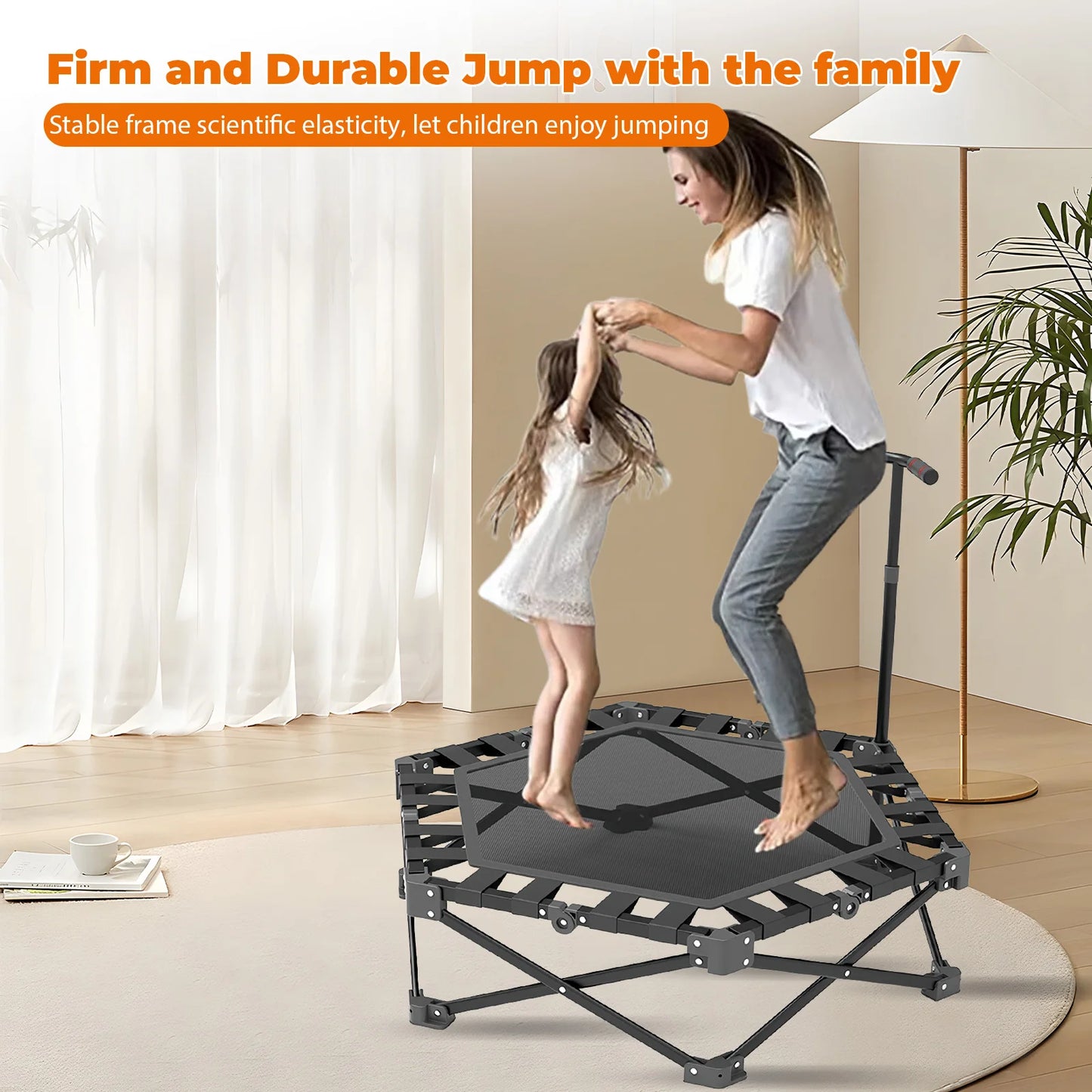 Wytrzymała trampolina fitness do użytku w pomieszczeniach, 106 cm, dla dorosłych i dzieci, udźwig 150 kg, z regulowanym uchwytem i podkładką zabezpieczającą, cicha guma