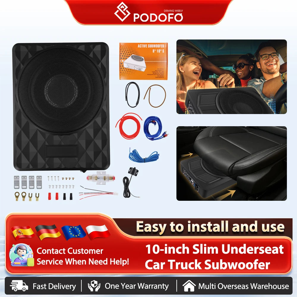 Podofo 1000W, smukły subwoofer samochodowy pod siedzeniem, zasilany 12 V, zestaw wzmacniacza do subwoofera samochodowego do ciężarówki