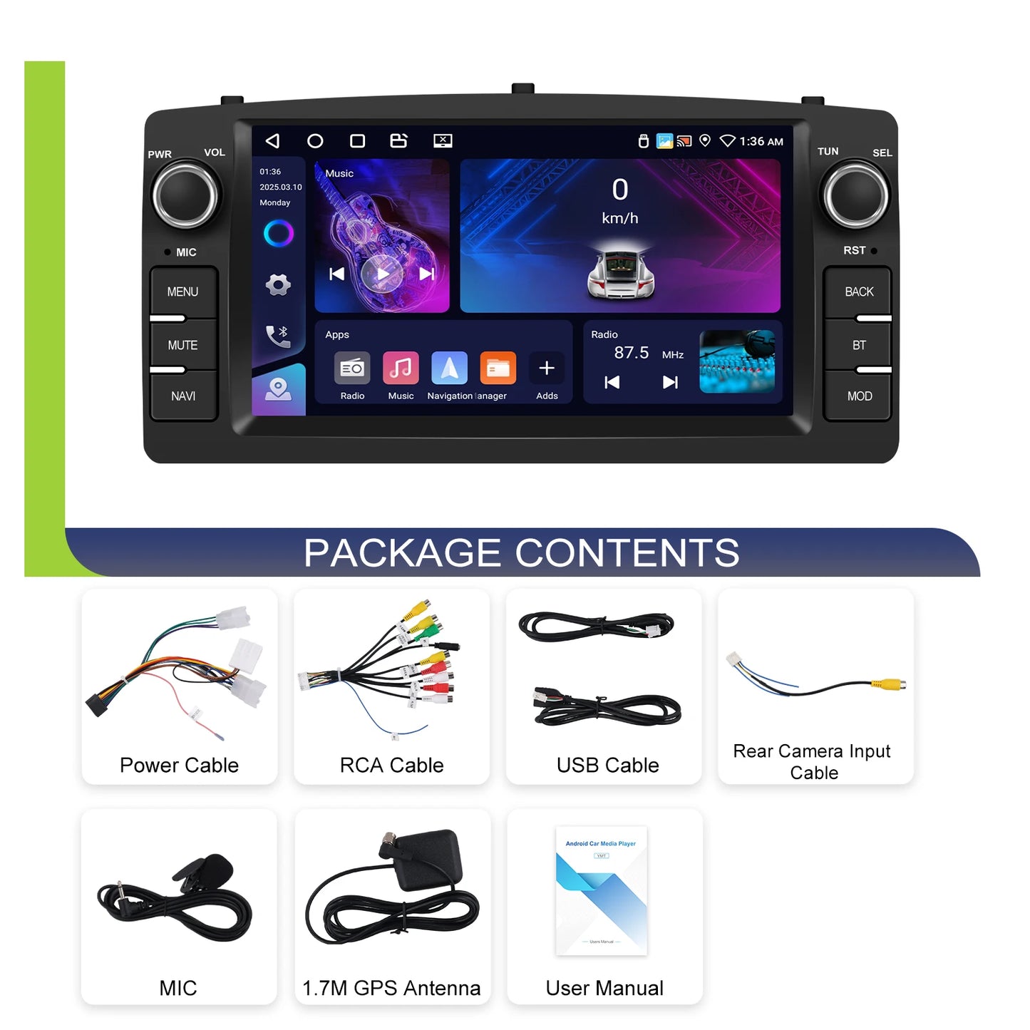 Radio samochodowe Podofo 7'' AI Voice Wireless CarPlay GPS WIFI DSP 4+64G Odtwarzacz multimedialny FM/RDS BT EQ do Toyoty Corolli E120/E130