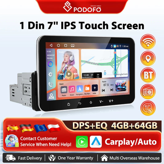 Podofo Wireless Carplay 4+64G Samochodowy inteligentny system Odtwarzacz Android AI Głos DSP Nawigacja GPS Radio samochodowe WIFI BT RDS Radio samochodowe