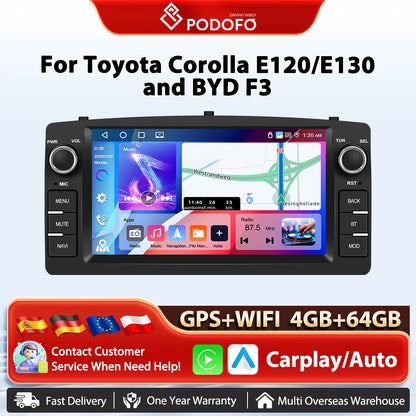 Radio samochodowe Podofo 7'' AI Voice Wireless CarPlay GPS WIFI DSP 4+64G Odtwarzacz multimedialny FM/RDS BT EQ do Toyoty Corolli E120/E130