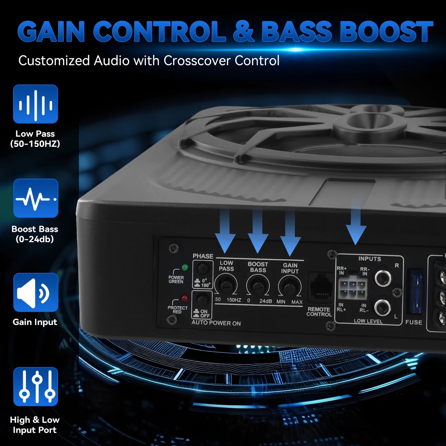 Podofo 10-calowy samochodowy system audio z subwooferem pod siedzeniem, wzmacniany subwoofer, zestaw wzmacniacza do samochodu ciężarowego i subwoofera