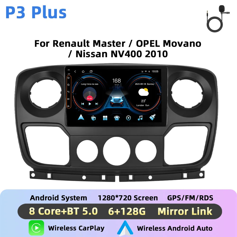 Podofo Bezprzewodowe radio samochodowe CarPlay z AI do Renault Master/OPEL Movano/Nissan NV400 2010 Android GPS WIFI Samochodowy odtwarzacz multimedialny