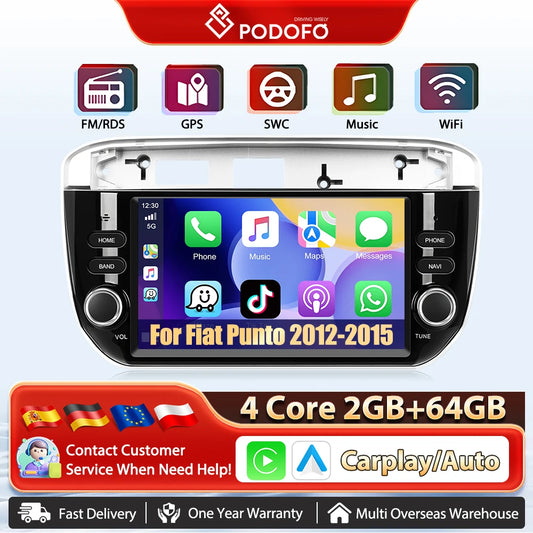 Podofo Wireless Carplay Android Auto Car Radio samochodowe do Fiata Punto 2012-2015 2 din stereo BT 2+64 GB odtwarzacz multimedialny GPS