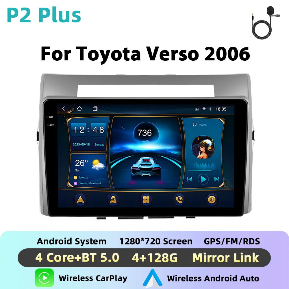 Podofo Bezprzewodowe radio samochodowe CarPlay AI do Toyoty Verso 2006 z Androidem GPS WIFI, odtwarzacz multimedialny DSP FM/RDS, korektor 2din