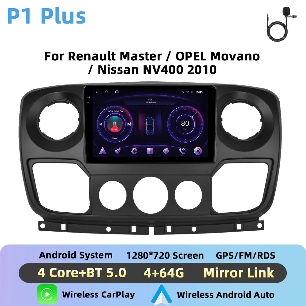 Podofo Bezprzewodowe radio samochodowe CarPlay z AI do Renault Master/OPEL Movano/Nissan NV400 2010 Android GPS WIFI Samochodowy odtwarzacz multimedialny