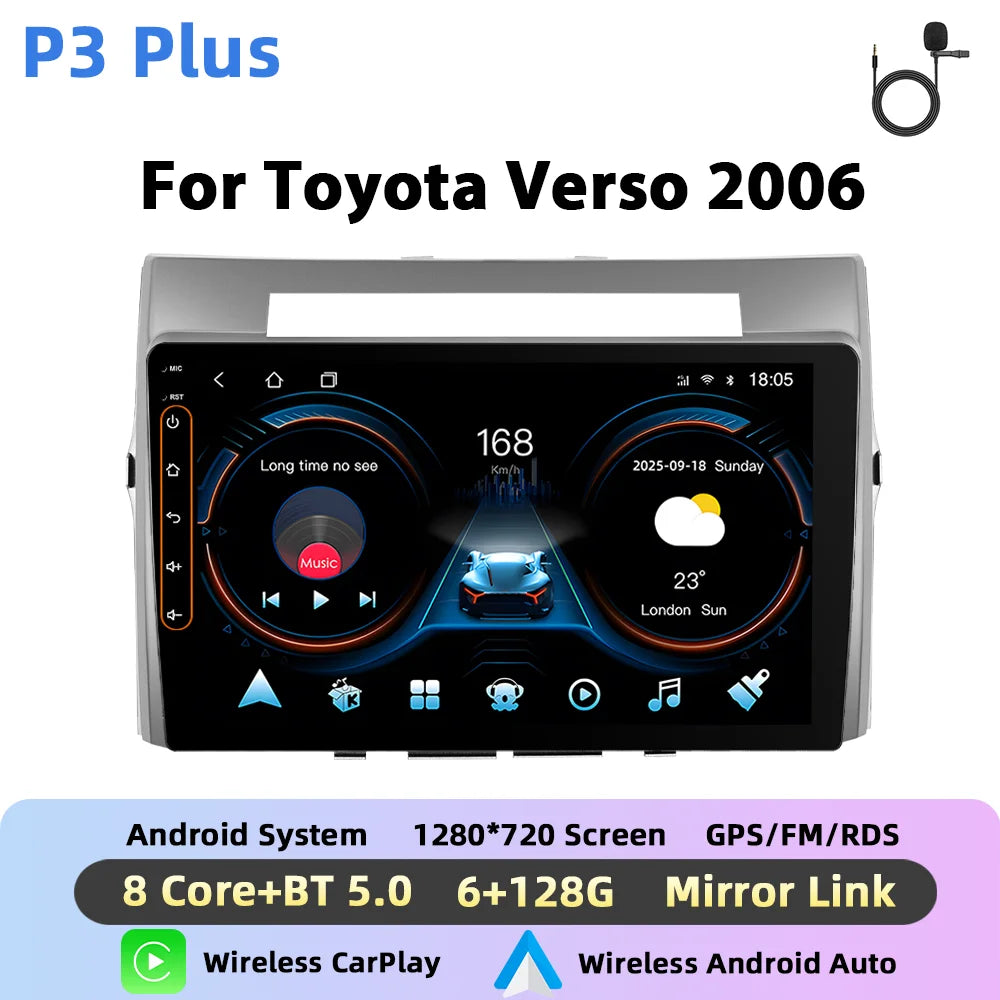 Podofo Bezprzewodowe radio samochodowe CarPlay AI do Toyoty Verso 2006 z Androidem GPS WIFI, odtwarzacz multimedialny DSP FM/RDS, korektor 2din