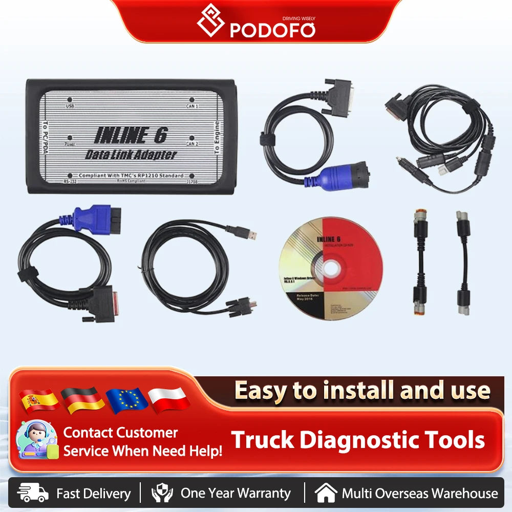 Narzędzie diagnostyczne do ciężarówek Podofo z adapterem INLINE 6 Data Link, zestaw diagnostyczny Protocol Aftermarket Tools Cummins J1939 J1708
