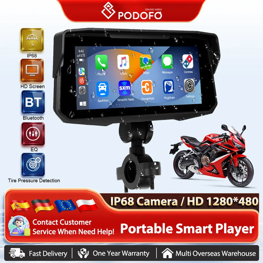 Odtwarzacz motocyklowy Podofo 6,86 cala CarPlay do motocykli z obsługą Android Auto Airplay, wodoodpornym, inteligentnym ekranem.