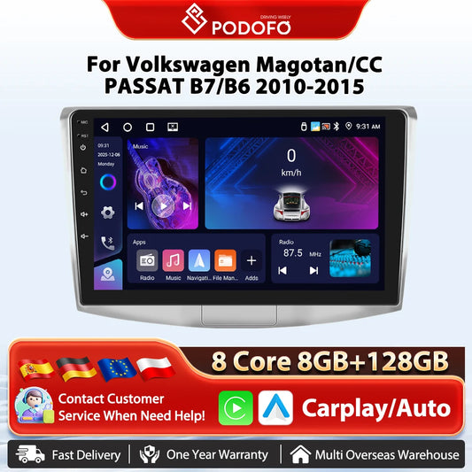 Podofo Wireless Carplay Android Car Radio do Volkswagena VW Passata B6 B7 CC 2007-2015 WIFI GPS Samochodowy odtwarzacz multimedialny Mirrorlink