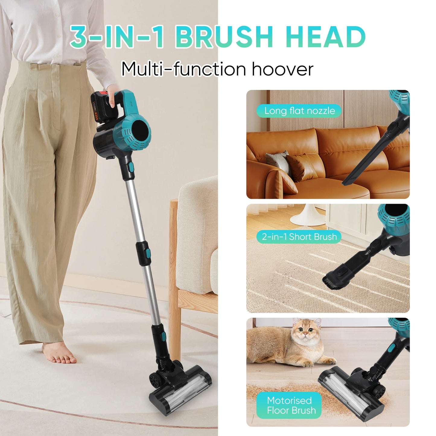 Odkurzacz pionowy LED bezprzewodowy do akumulatora Makita 18 V, silnik bezszczotkowy, siła ssania 16 kPa, pojemnik na kurz 0,8 l, czas pracy 30 minut z akcesoriami