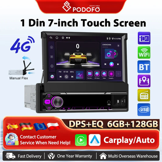 Podofo Wireless Carplay 6+128G Radio samochodowe Android Auto GPS Nawigacja DSP Samochodowy odtwarzacz multimedialny WIFI FM RDS AI Voice BT Autoradio