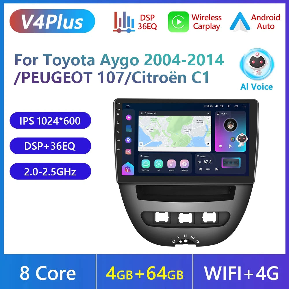 Podofo do Peugeota 107, Toyoty Aygo, Citroena C1 2005-2014, radia samochodowego, bezprzewodowego CarPlay, Androida Auto, 2+64 GB, GPS, jednostka główna, bez DVD