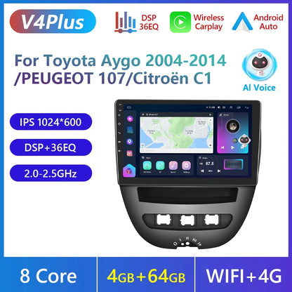 Podofo do Peugeota 107, Toyoty Aygo, Citroena C1 2005-2014, radia samochodowego, bezprzewodowego CarPlay, Androida Auto, 2+64 GB, GPS, jednostka główna, bez DVD