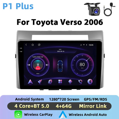 Podofo Bezprzewodowe radio samochodowe CarPlay AI do Toyoty Verso 2006 z Androidem GPS WIFI, odtwarzacz multimedialny DSP FM/RDS, korektor 2din