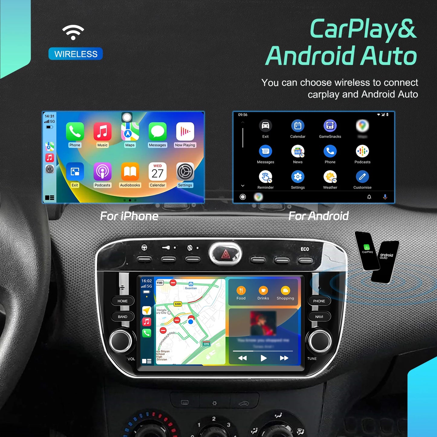 Podofo Wireless Carplay Android Auto do Fiata Punto 10-16/Linea 12-15 Radio samochodowe 6+128G AI Voice GPS DVR Odtwarzacz multimedialny BT FM