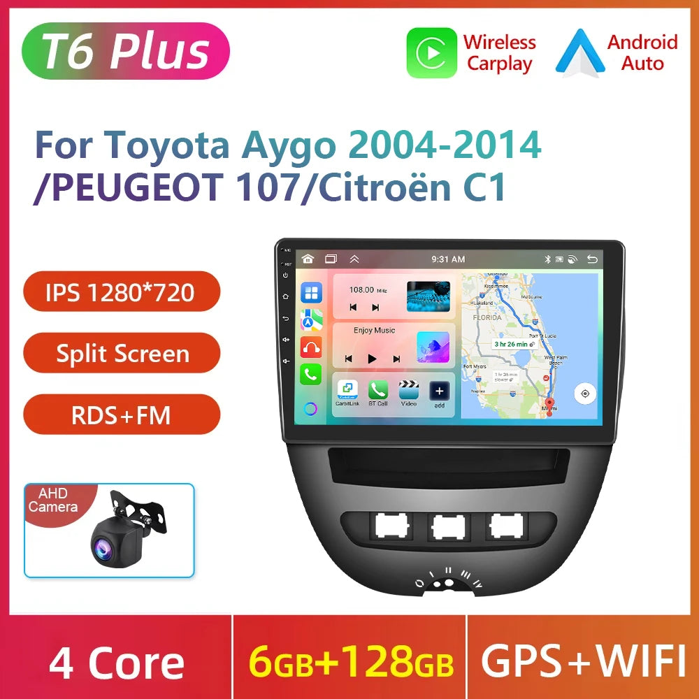 Podofo do Peugeota 107, Toyoty Aygo, Citroena C1 2005-2014, radia samochodowego, bezprzewodowego CarPlay, Androida Auto, 2+64 GB, GPS, jednostka główna, bez DVD