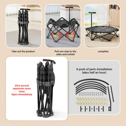 Wytrzymała trampolina fitness do użytku w pomieszczeniach, 106 cm, dla dorosłych i dzieci, udźwig 150 kg, z regulowanym uchwytem i podkładką zabezpieczającą, cicha guma