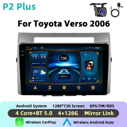 Podofo Bezprzewodowe radio samochodowe CarPlay AI do Toyoty Verso 2006 z Androidem GPS WIFI, odtwarzacz multimedialny DSP FM/RDS, korektor 2din