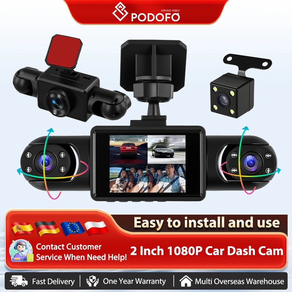 Podofo 2-calowy samochodowy rejestrator wideo 1080P Lewa prawa kamera cofania 360° 4-obiektywowa kamera samochodowa DVR nagrywanie w pętli monitor parkowania