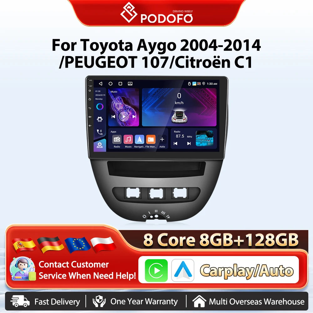 Podofo do Peugeota 107, Toyoty Aygo, Citroena C1 2005-2014, radia samochodowego, bezprzewodowego CarPlay, Androida Auto, 2+64 GB, GPS, jednostka główna, bez DVD