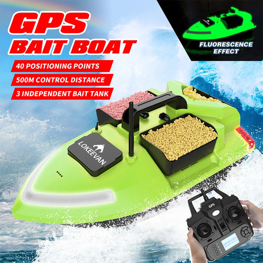 Łódź rybacka LOKEEVAN V020 40 punktów ustawienia 500 m odległości sterowania 3 niezależne zbiorniki na przynętę wyrzutnia przynęt z torbą