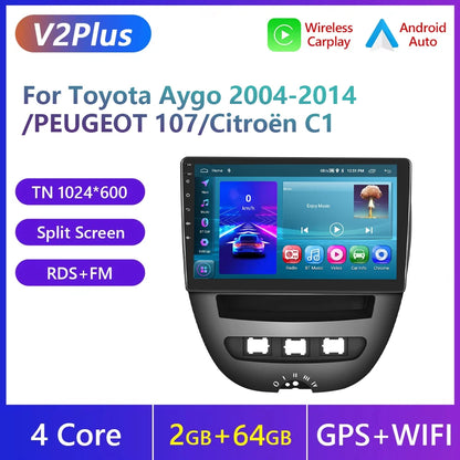 Podofo do Peugeota 107, Toyoty Aygo, Citroena C1 2005-2014, radia samochodowego, bezprzewodowego CarPlay, Androida Auto, 2+64 GB, GPS, jednostka główna, bez DVD