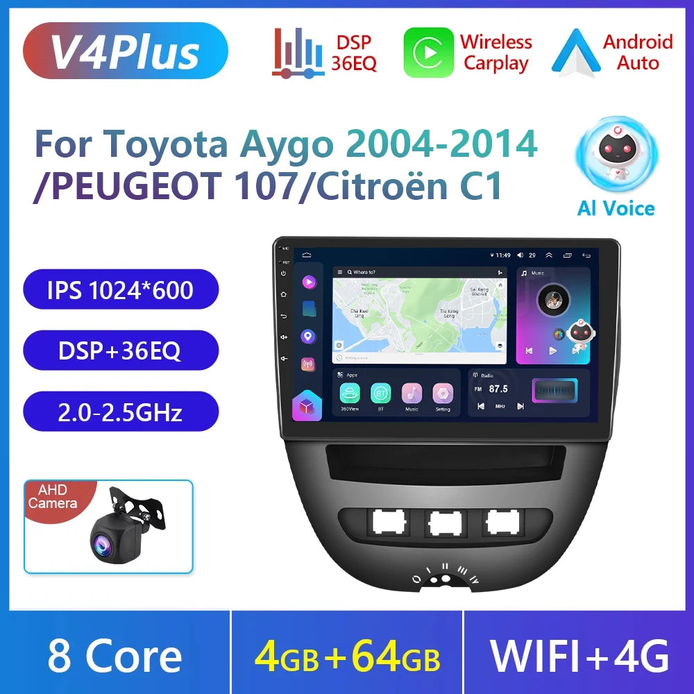 Podofo do Peugeota 107, Toyoty Aygo, Citroena C1 2005-2014, radia samochodowego, bezprzewodowego CarPlay, Androida Auto, 2+64 GB, GPS, jednostka główna, bez DVD