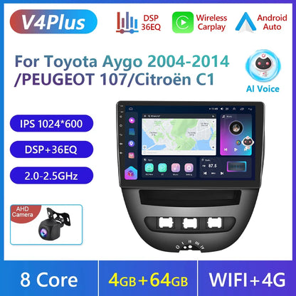 Podofo do Peugeota 107, Toyoty Aygo, Citroena C1 2005-2014, radia samochodowego, bezprzewodowego CarPlay, Androida Auto, 2+64 GB, GPS, jednostka główna, bez DVD