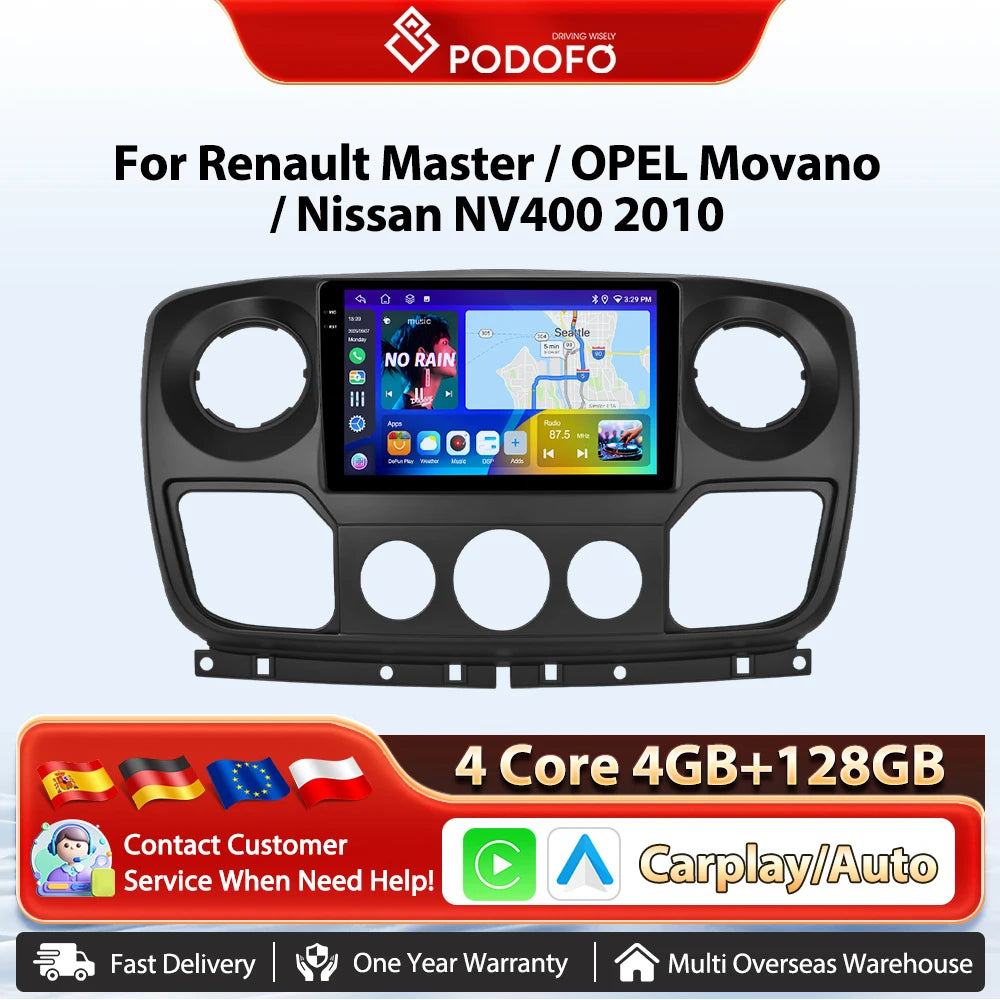 Podofo Bezprzewodowe radio samochodowe CarPlay z AI do Renault Master/OPEL Movano/Nissan NV400 2010 Android GPS WIFI Samochodowy odtwarzacz multimedialny
