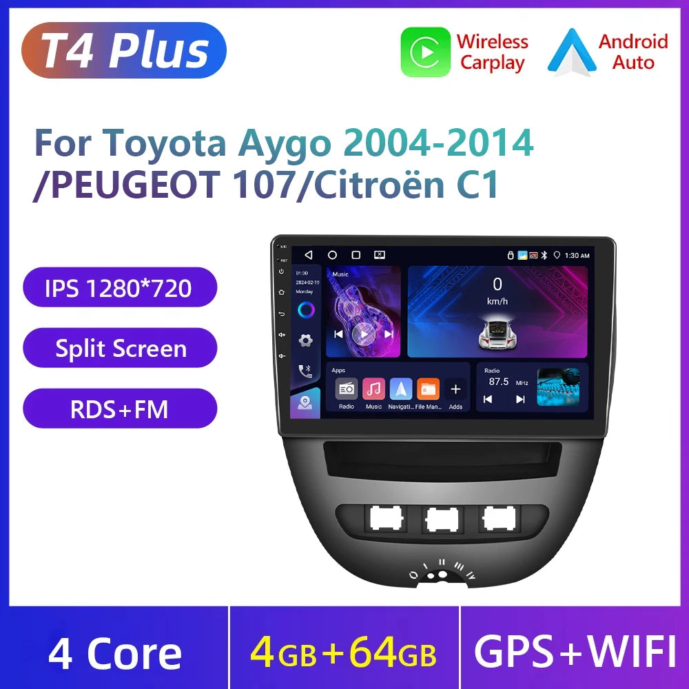 Podofo do Peugeota 107, Toyoty Aygo, Citroena C1 2005-2014, radia samochodowego, bezprzewodowego CarPlay, Androida Auto, 2+64 GB, GPS, jednostka główna, bez DVD
