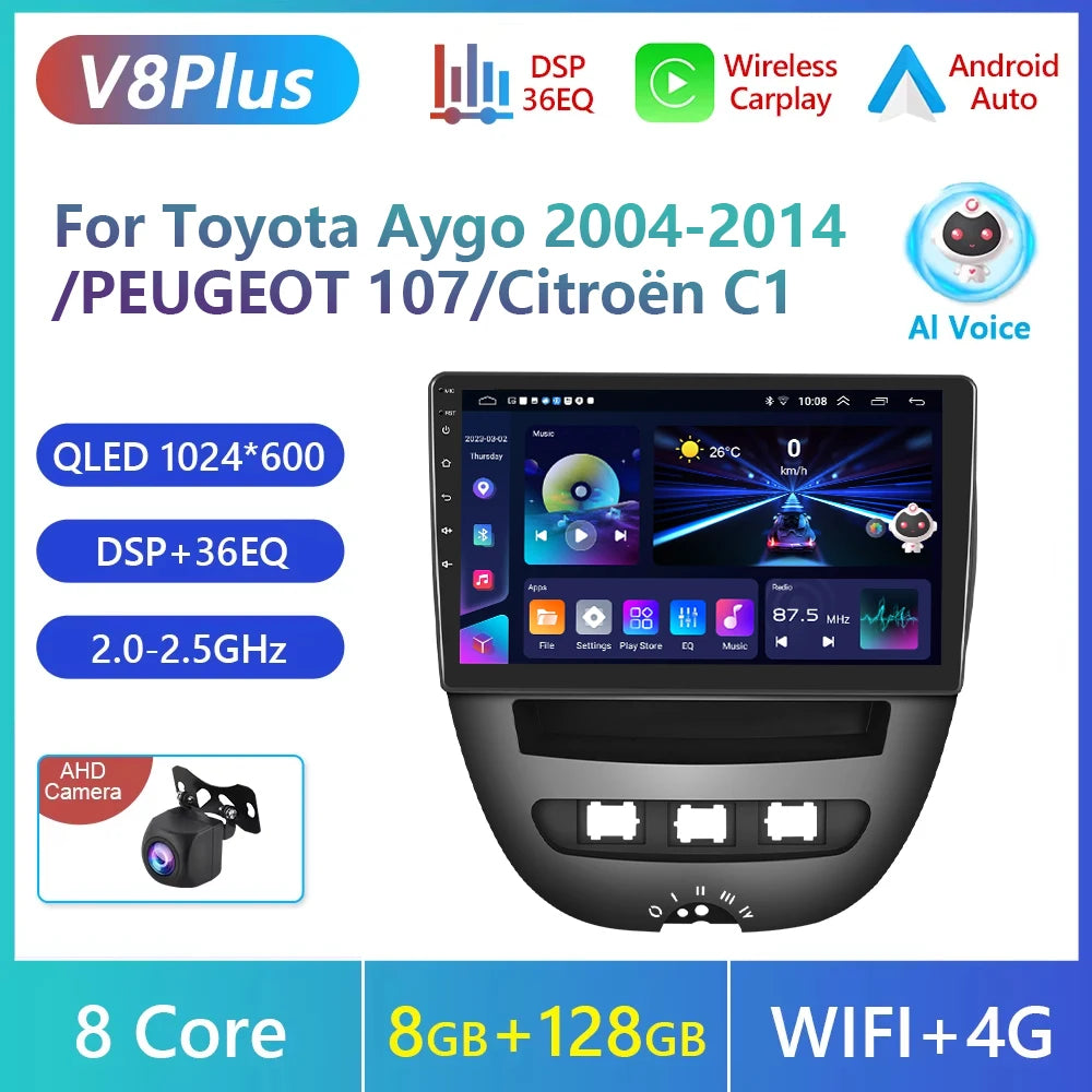 Podofo do Peugeota 107, Toyoty Aygo, Citroena C1 2005-2014, radia samochodowego, bezprzewodowego CarPlay, Androida Auto, 2+64 GB, GPS, jednostka główna, bez DVD