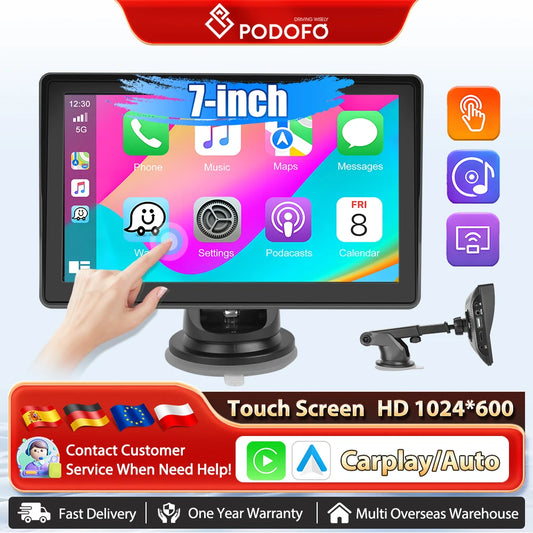 Podofo Uniwersalny 7-calowy radioodtwarzacz samochodowy multimedialny odtwarzacz wideo Bezprzewodowa nawigacja GPS CarPlay dla Apple Android Auto BT Touch Screen
