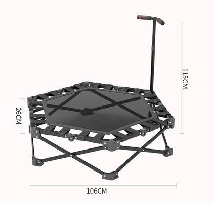 Wytrzymała trampolina fitness do użytku w pomieszczeniach, 106 cm, dla dorosłych i dzieci, udźwig 150 kg, z regulowanym uchwytem i podkładką zabezpieczającą, cicha guma