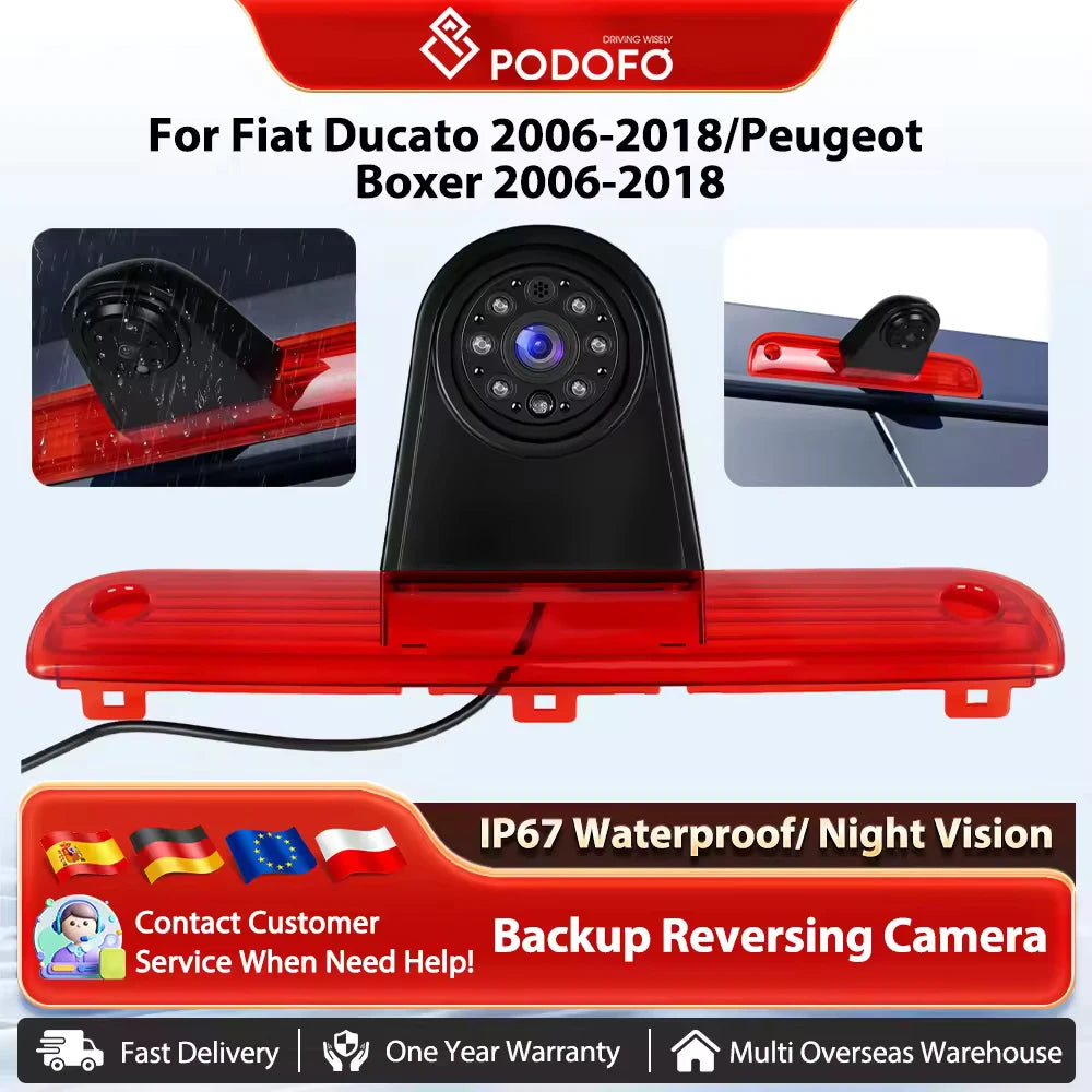 Kamera cofania Podofo z tylnym światłem stopu i noktowizorem, wodoodporna, do samochodów Fiat Ducato 2006-2018/Peugeot Boxer 2006-2018