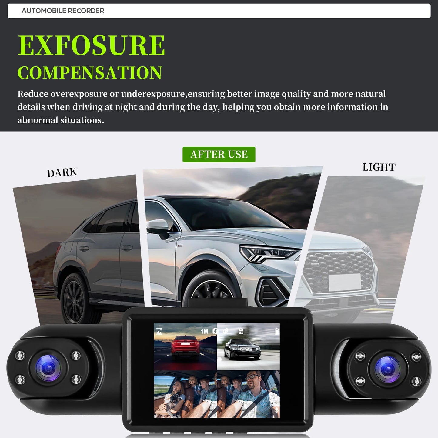 Podofo 2-calowy samochodowy rejestrator wideo 1080P Lewa prawa kamera cofania 360° 4-obiektywowa kamera samochodowa DVR nagrywanie w pętli monitor parkowania