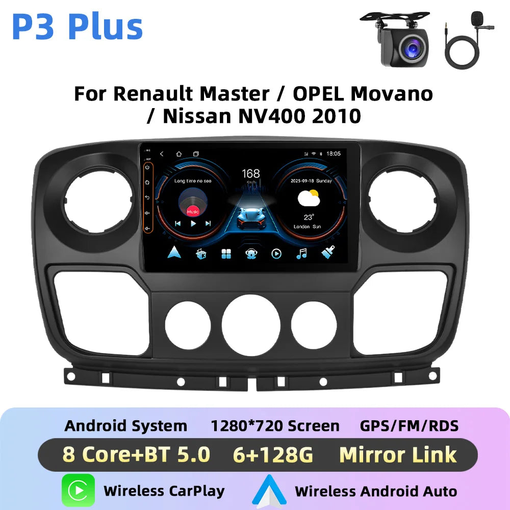 Podofo Bezprzewodowe radio samochodowe CarPlay z AI do Renault Master/OPEL Movano/Nissan NV400 2010 Android GPS WIFI Samochodowy odtwarzacz multimedialny