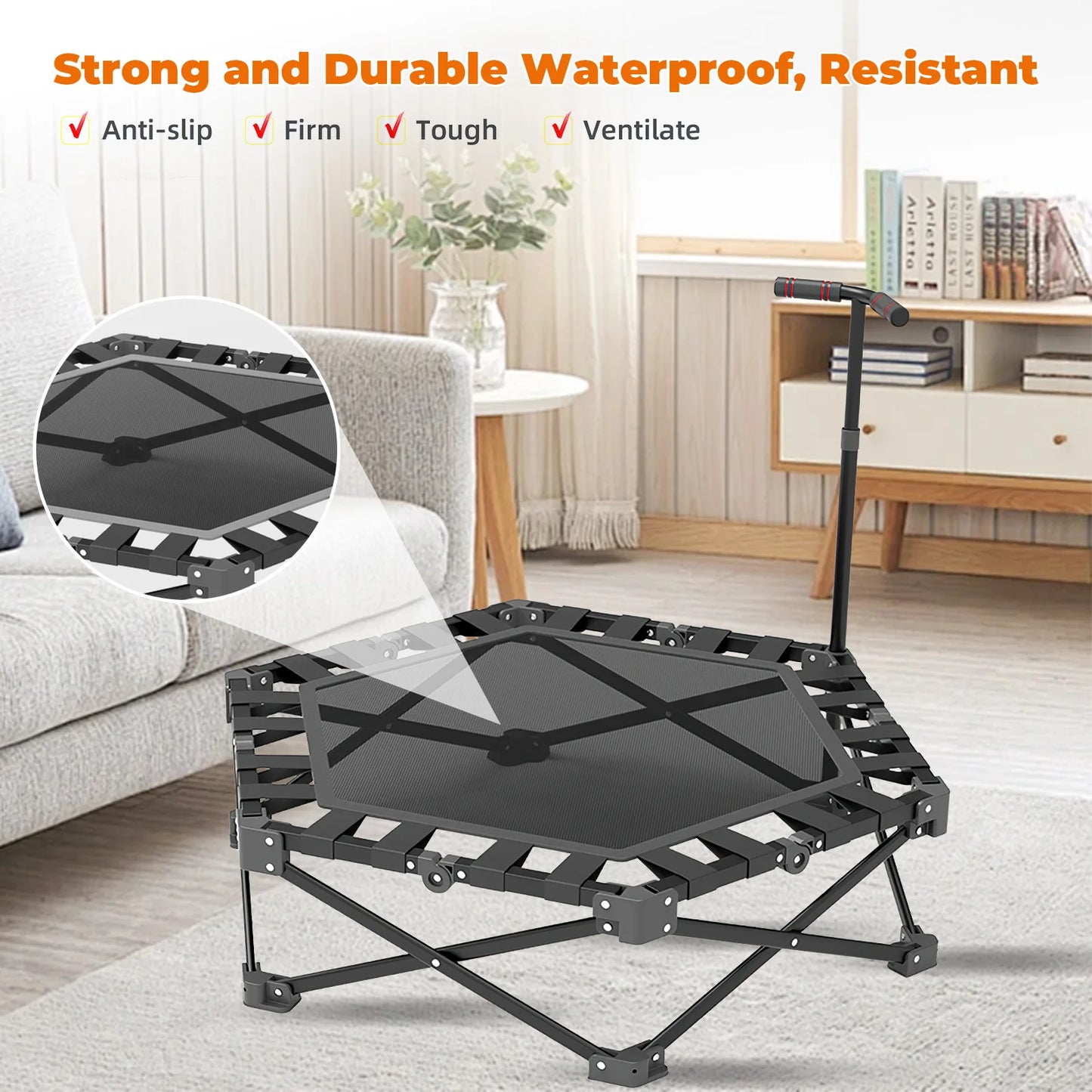 Wytrzymała trampolina fitness do użytku w pomieszczeniach, 106 cm, dla dorosłych i dzieci, udźwig 150 kg, z regulowanym uchwytem i podkładką zabezpieczającą, cicha guma