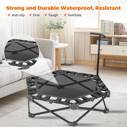 Wytrzymała trampolina fitness do użytku w pomieszczeniach, 106 cm, dla dorosłych i dzieci, udźwig 150 kg, z regulowanym uchwytem i podkładką zabezpieczającą, cicha guma