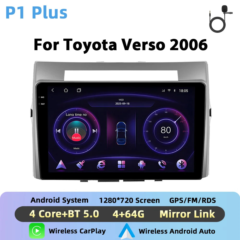 Podofo Bezprzewodowe radio samochodowe CarPlay AI do Toyoty Verso 2006 z Androidem GPS WIFI, odtwarzacz multimedialny DSP FM/RDS, korektor 2din