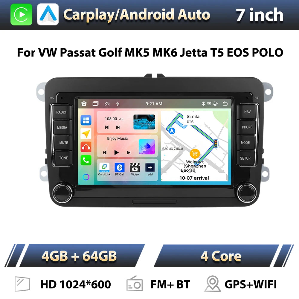 Podofo 7" Android 4G+64G do samochodowego radia samochodowego Apple Carplay GPS NAVI WIFI RDS FM BT do VW Golf 5 6 Passat Polo Touran Tiguan GPS