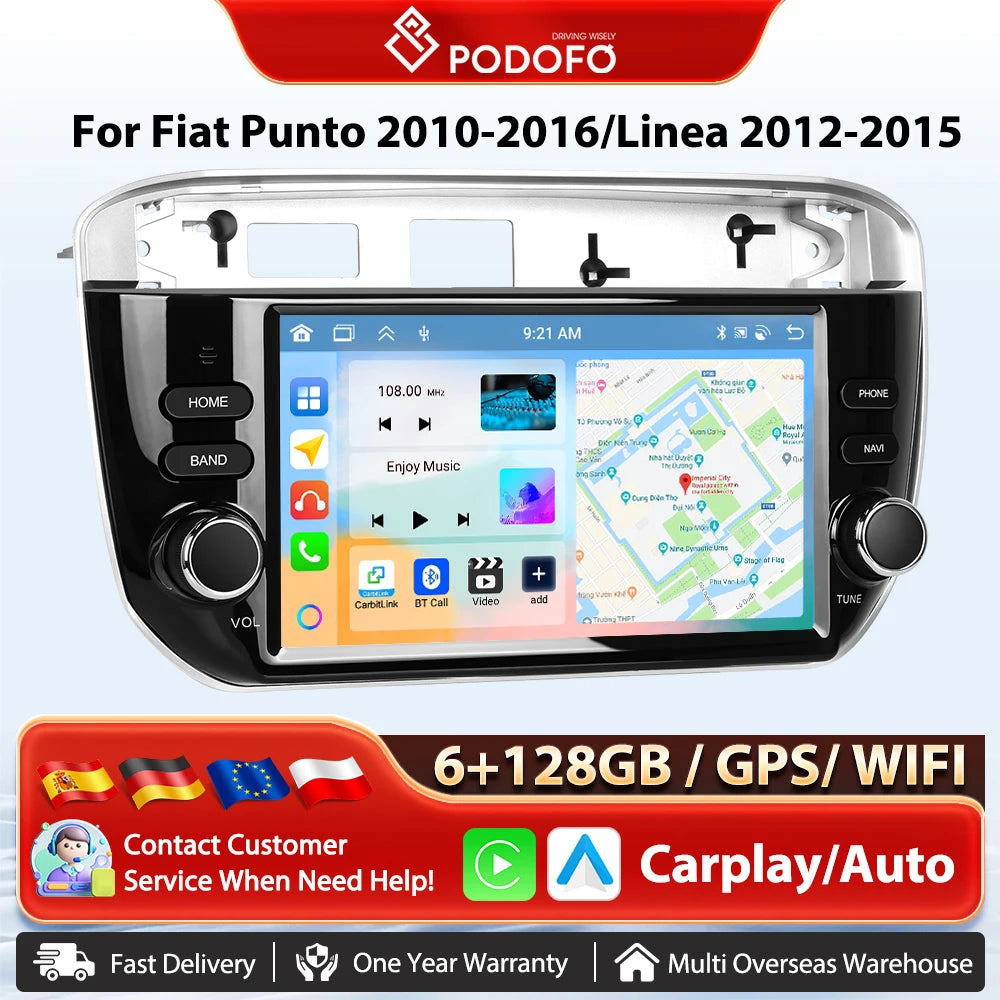 Podofo Wireless Carplay Android Auto do Fiata Punto 10-16/Linea 12-15 Radio samochodowe 6+128G AI Voice GPS DVR Odtwarzacz multimedialny BT FM