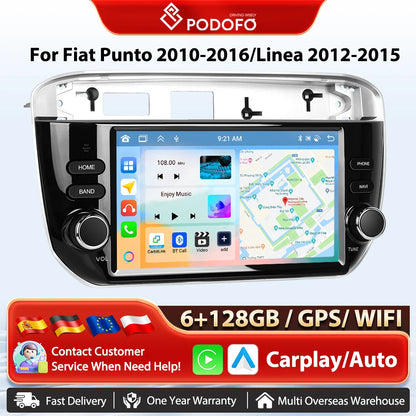 Podofo Wireless Carplay Android Auto do Fiata Punto 10-16/Linea 12-15 Radio samochodowe 6+128G AI Voice GPS DVR Odtwarzacz multimedialny BT FM